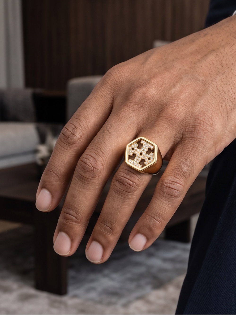 Tory Burch Gold Hexagon Logo Crystal Ring